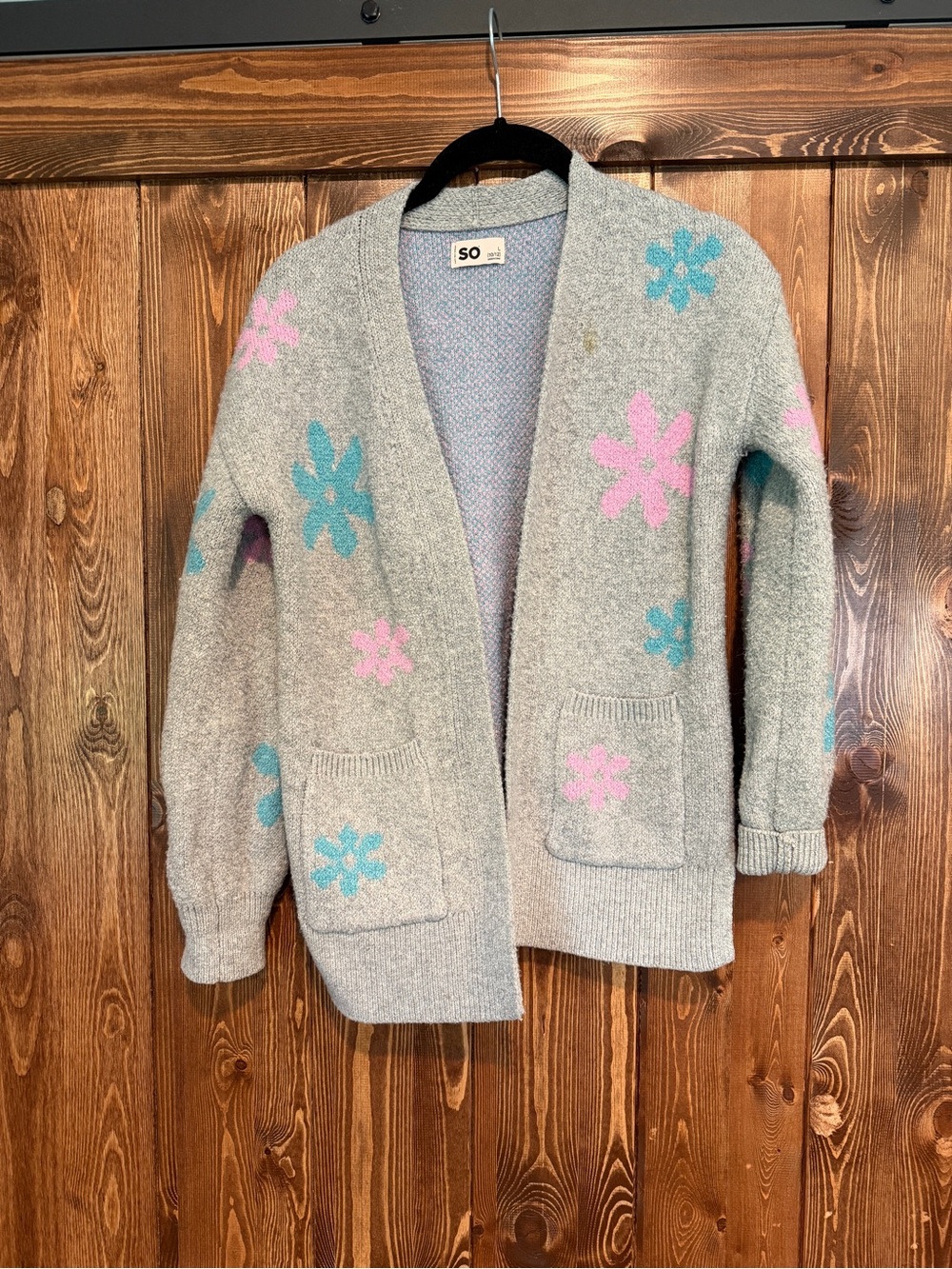 SO Light Gray Open-Front Cardigan with Pink & Teal Floral Accents